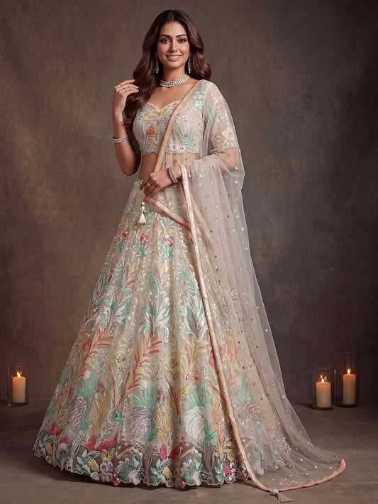 Sequins Off White Net Wedding & Party Wear Lehenga Choli