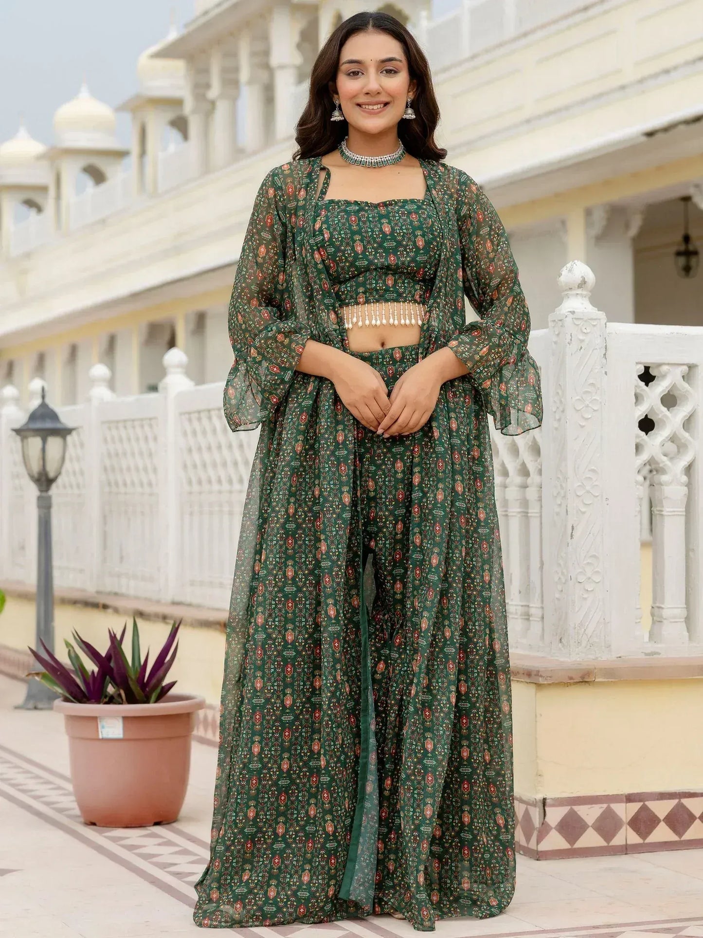 Bottle Green Digital Printed Georgette Designer Sharara Suit With Jacket