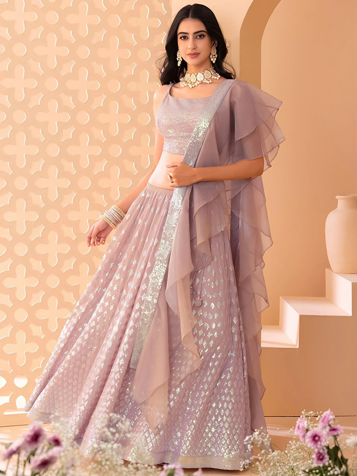 Fabulous Sky-Blue/Pink Embroidered Georgette Reception Wear Lehenga Choli
