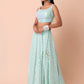 Fabulous Sky-Blue/Pink Embroidered Georgette Reception Wear Lehenga Choli