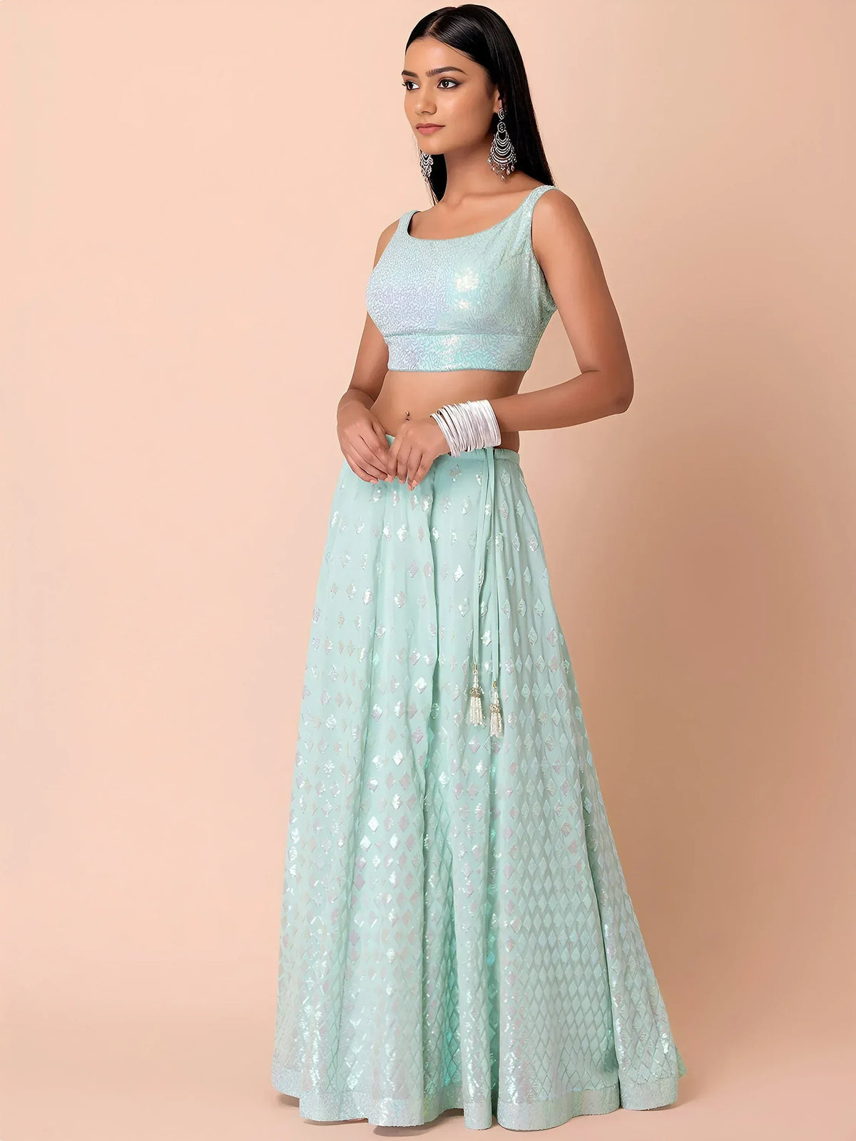 Fabulous Sky-Blue/Pink Embroidered Georgette Reception Wear Lehenga Choli