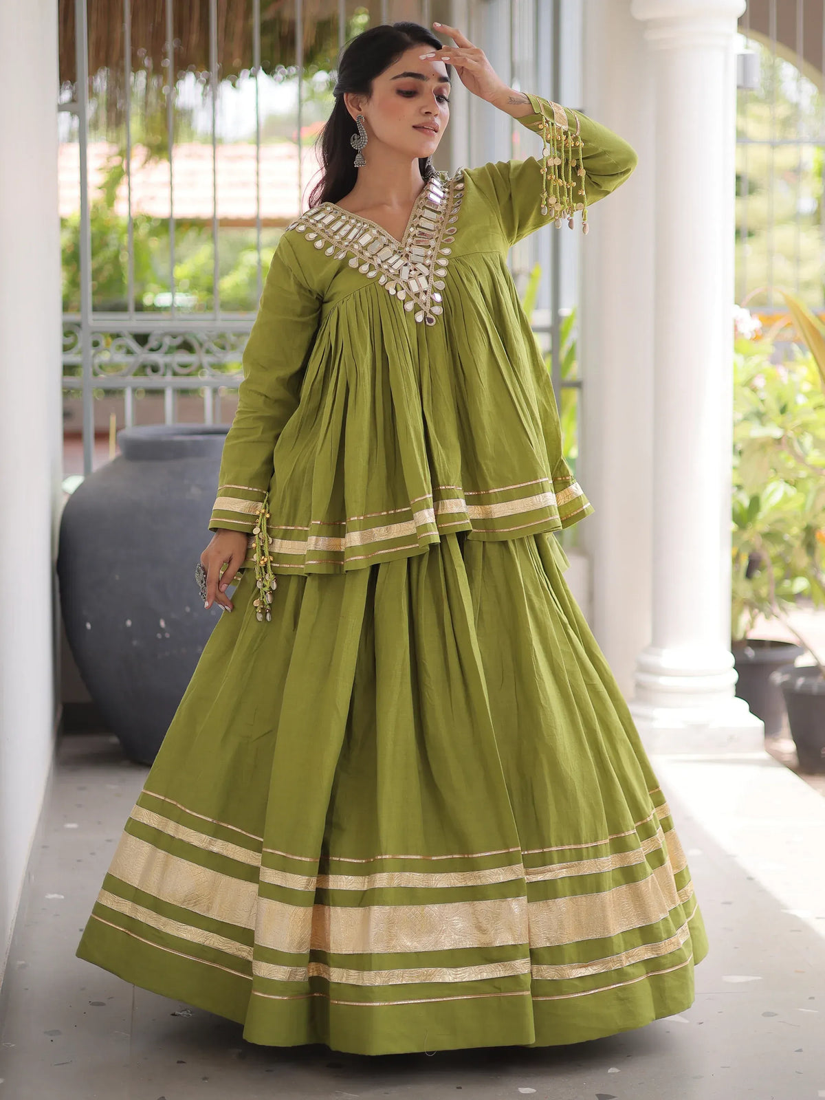 Green Gota-Laced Navratri Wear Lehenga With Peplum Top