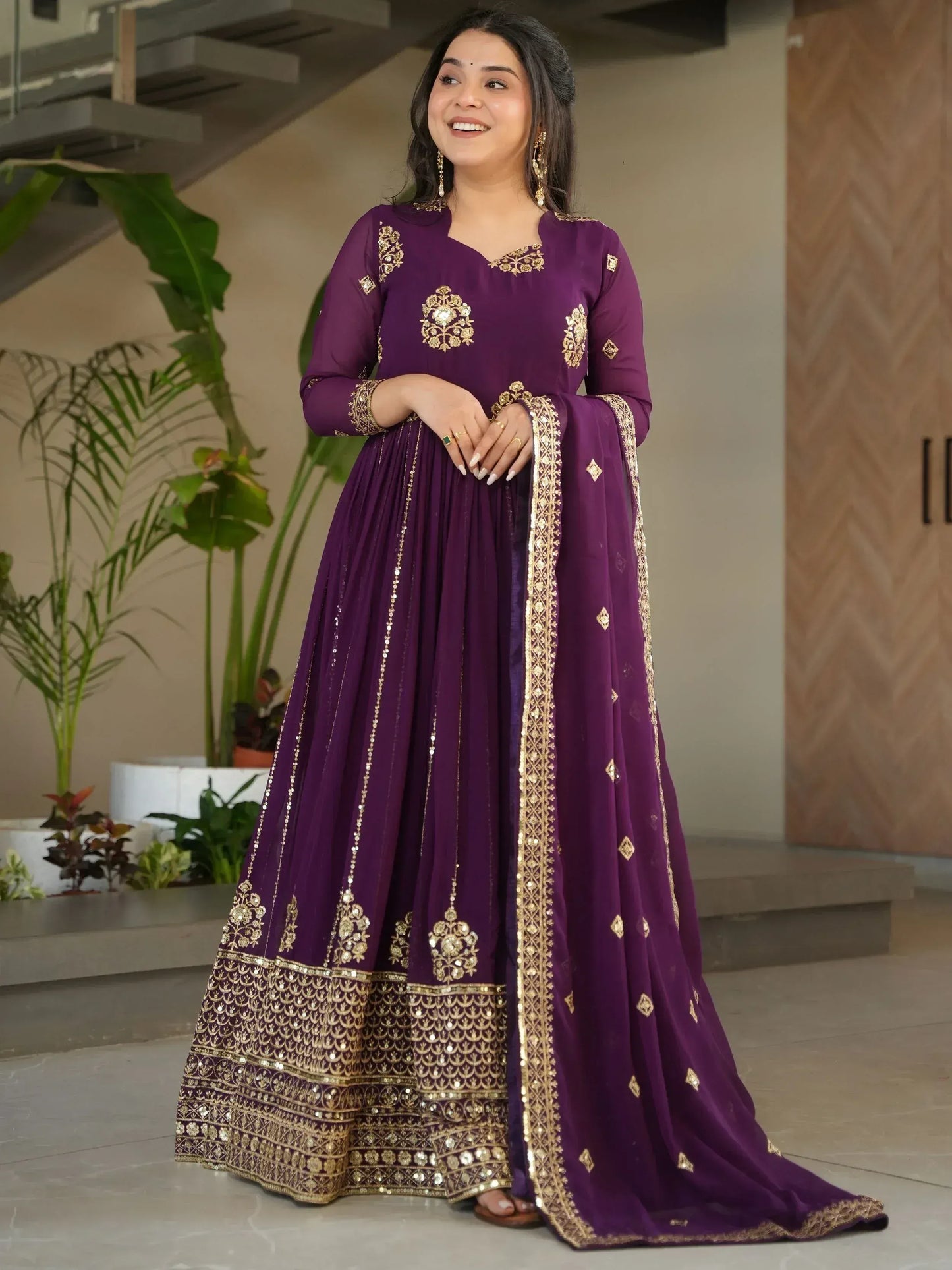 Intricate Georgette Sequins Embroidered Gown With Dupatta