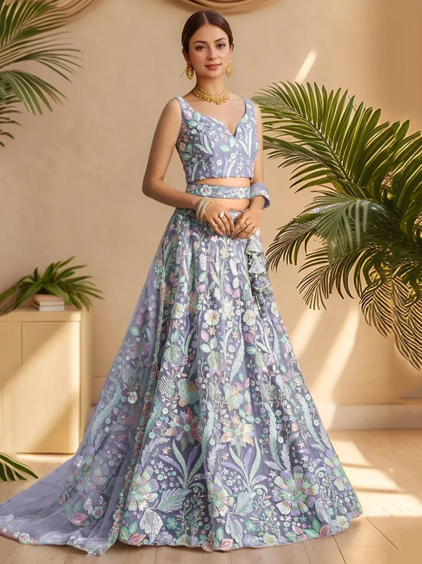 Pastels Embroidered Net Designer Lehenga Choli With Dupatta