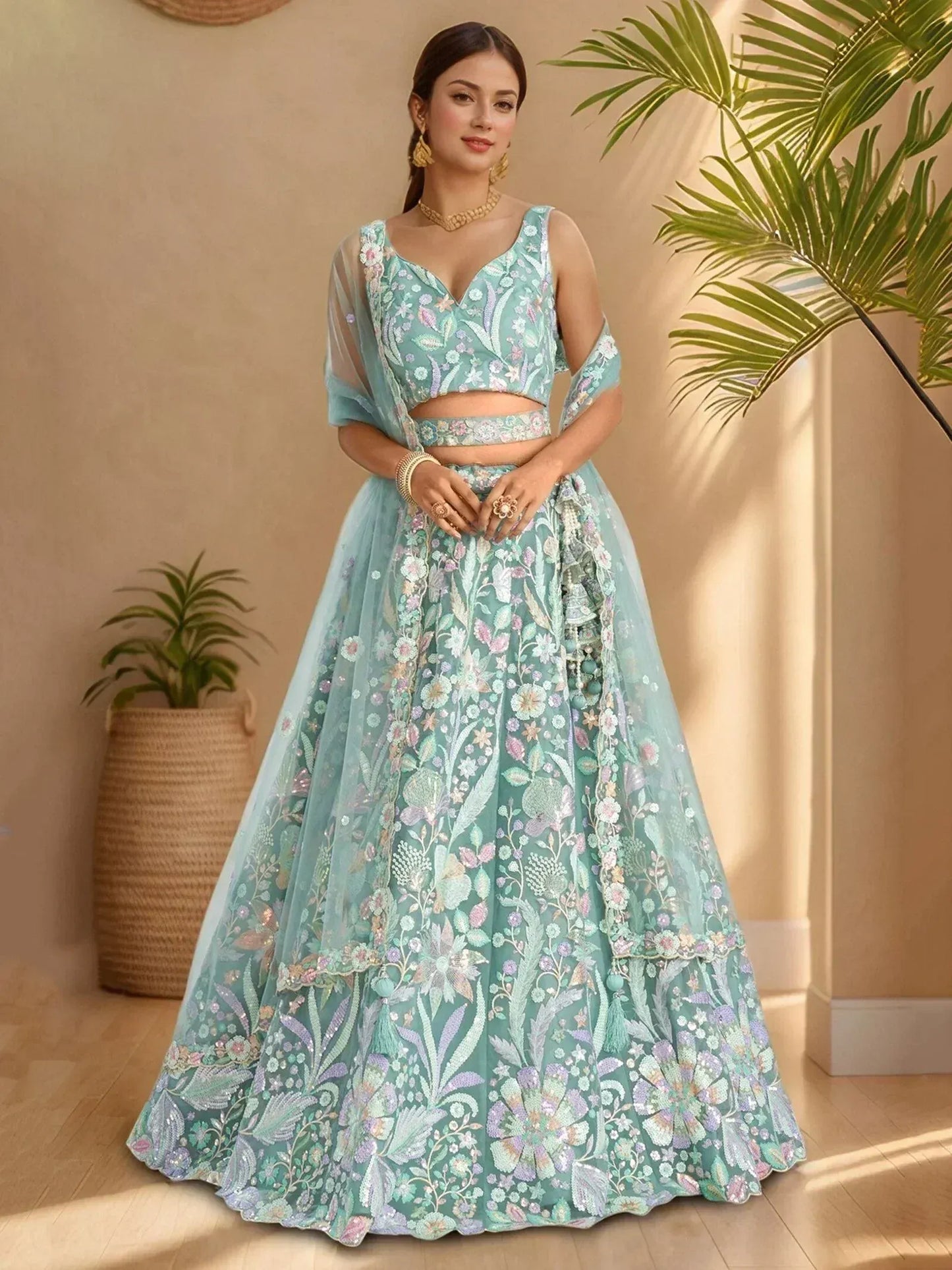 Pastels Embroidered Net Designer Lehenga Choli With Dupatta