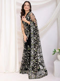Thread Embroidered Net Party Wear Saree With Blouse - Black, Maroon, Rani Pink