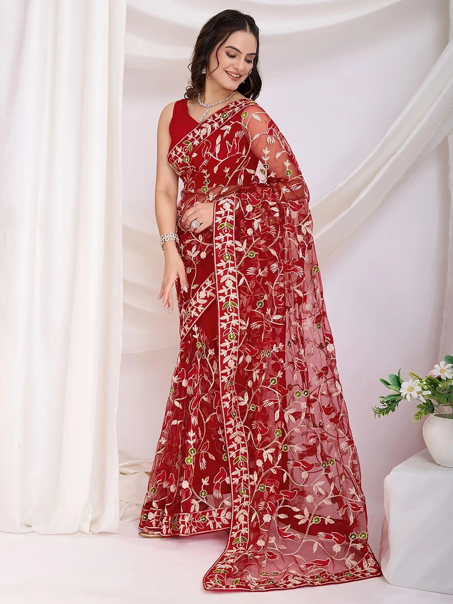 Thread Embroidered Net Party Wear Saree With Blouse - Black, Maroon, Rani Pink