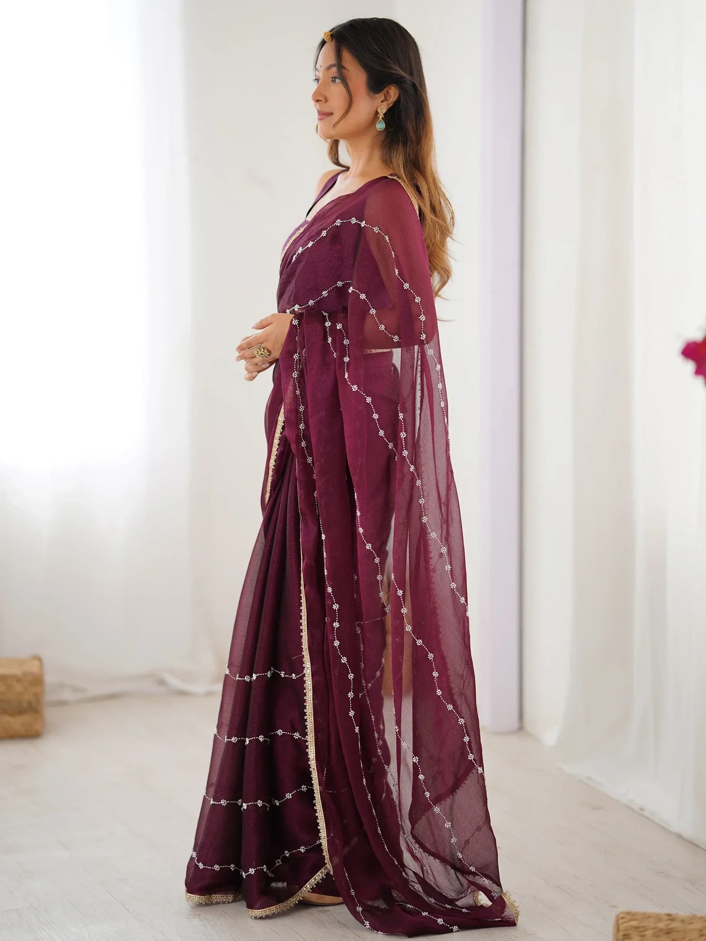 Gorgeous Beads Work Chiffon Saree With Blouse