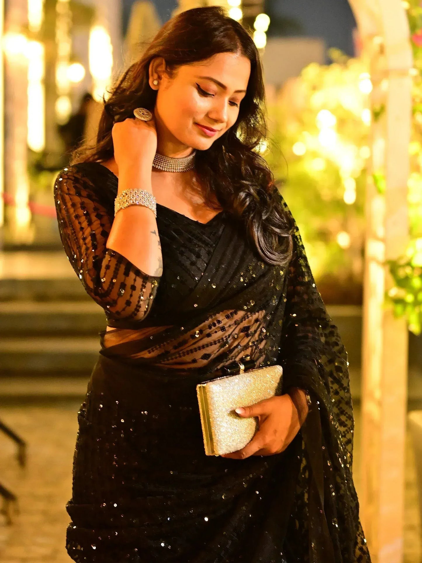 Black Sequins Work Net Party Wear Saree With Blouse