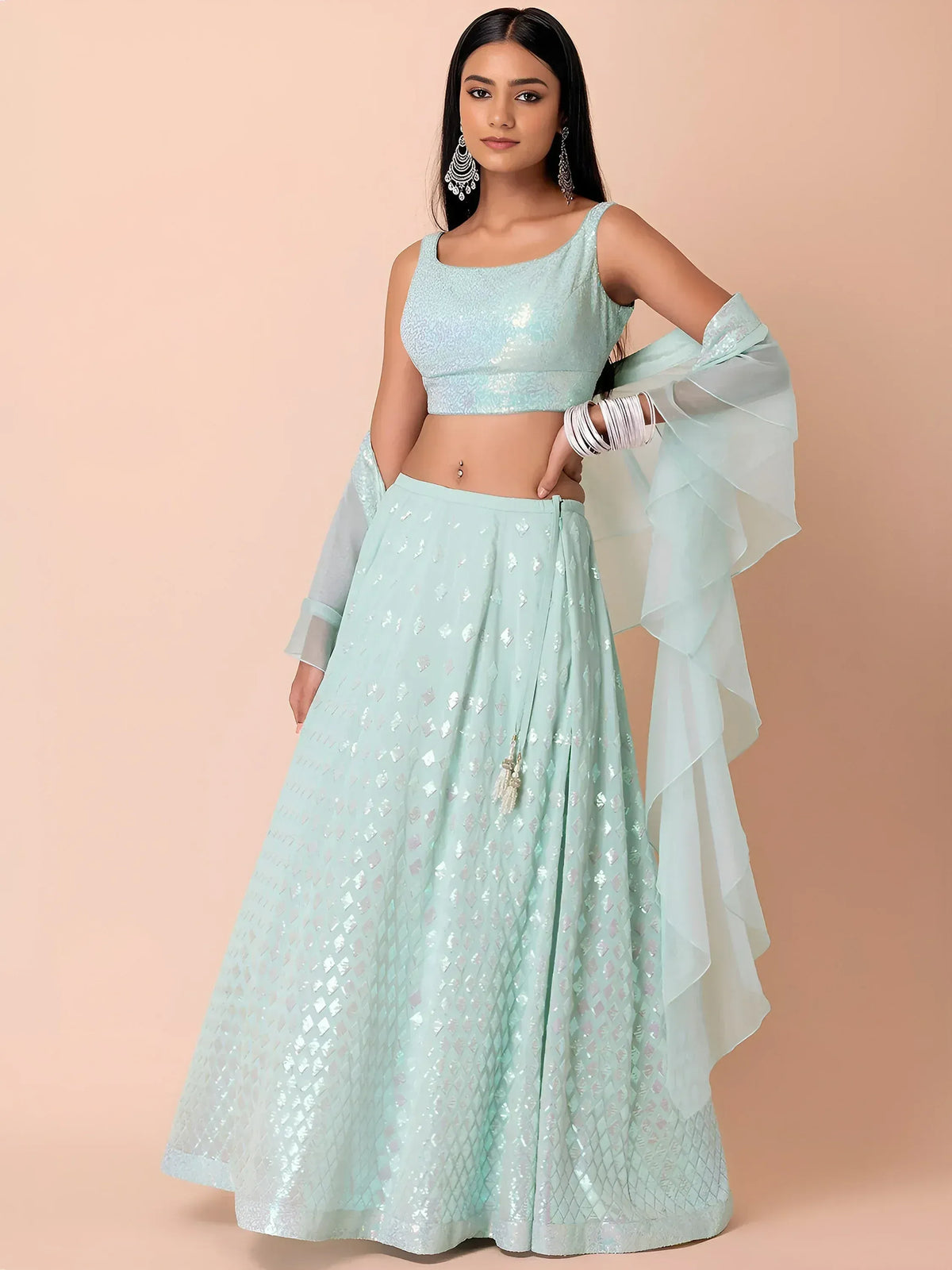 Fabulous Sky-Blue/Pink Embroidered Georgette Reception Wear Lehenga Choli