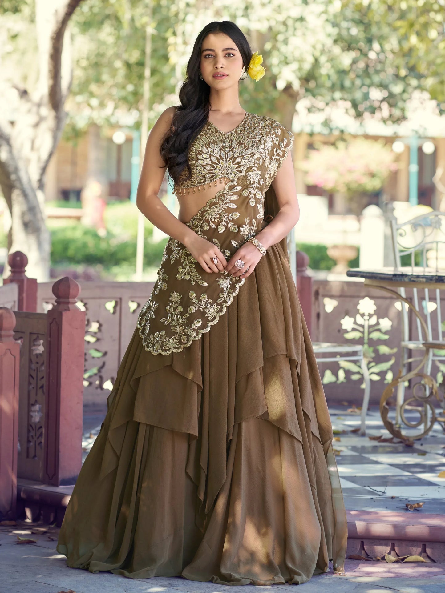 Charming Brown Sequins Georgette Sangeet Wear Lehenga Choli