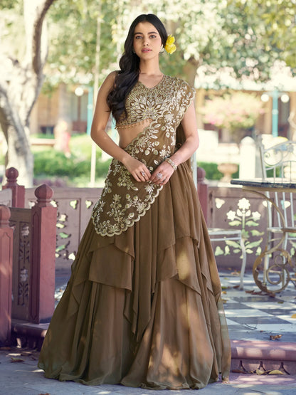 Charming Brown Sequins Georgette Sangeet Wear Lehenga Choli