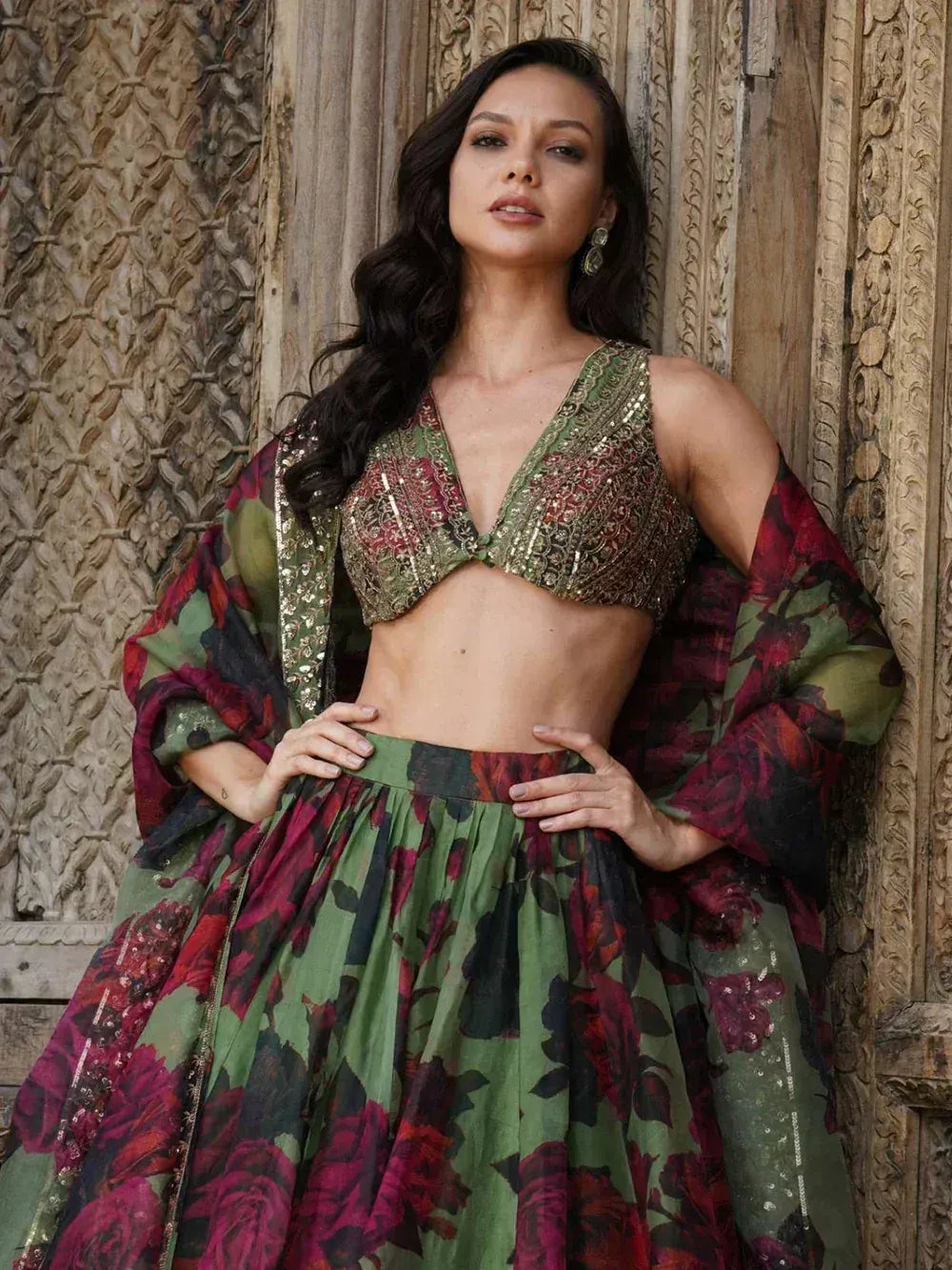 Green Floral Printed Organza Mehndi Wear Lehenga Choli