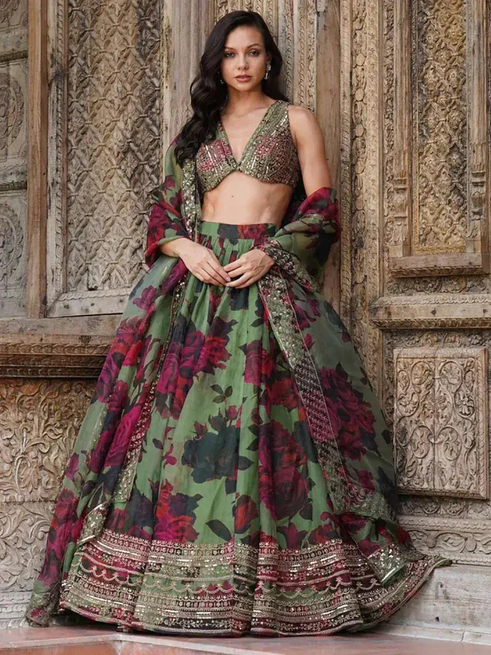 Green Floral Printed Organza Mehndi Wear Lehenga Choli