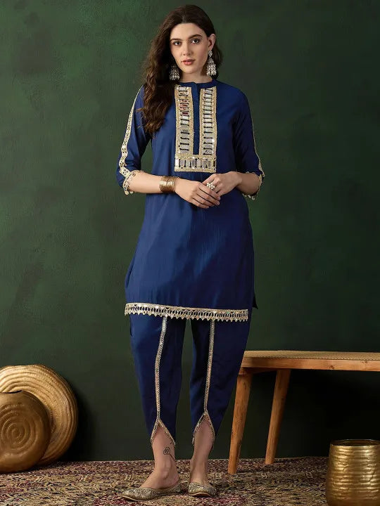 Embellished Mirror Work Roman Silk Tunic With Dhoti Pant