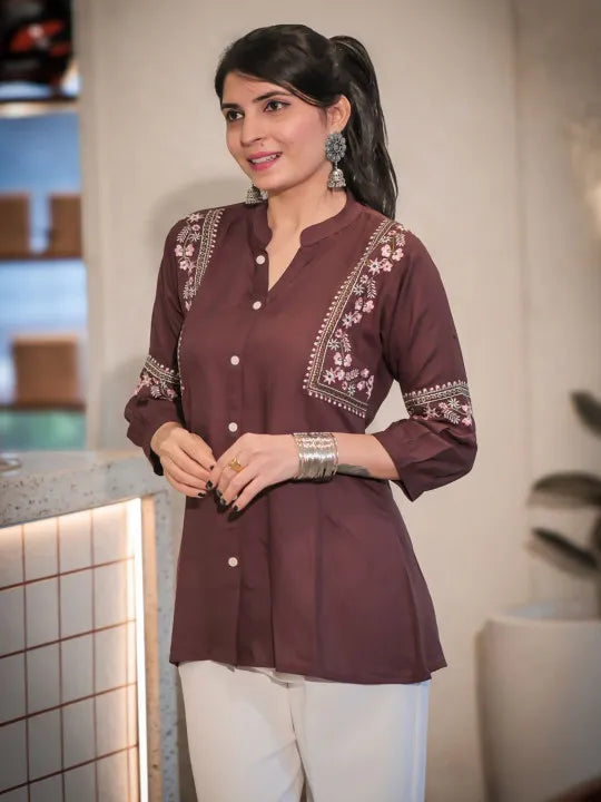 Women Ethnic Motifs Embroidered Mandarin Collar A-Line Tunic