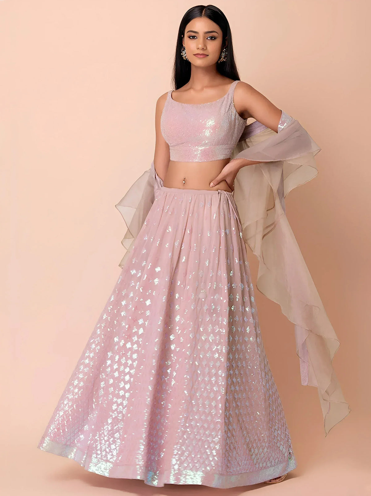 Fabulous Sky-Blue/Pink Embroidered Georgette Reception Wear Lehenga Choli
