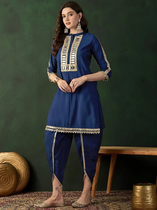 Embellished Mirror Work Roman Silk Tunic With Dhoti Pant