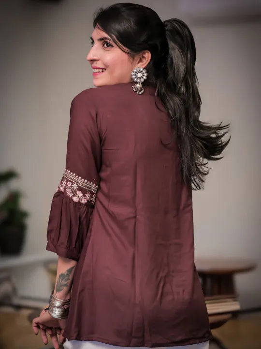 Women Ethnic Motifs Embroidered Mandarin Collar A-Line Tunic