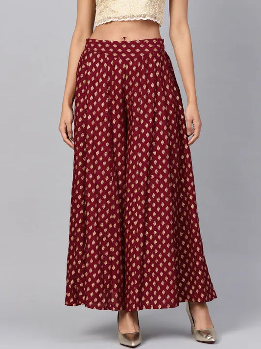 Maroon Ethnic Motif Printed Rayon Flared Women Palazzo With One Pocket