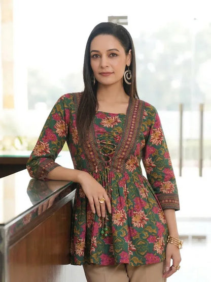 Floral Printed V-Neck, A-Line Tie-Ups Peplum Print Cotton Top