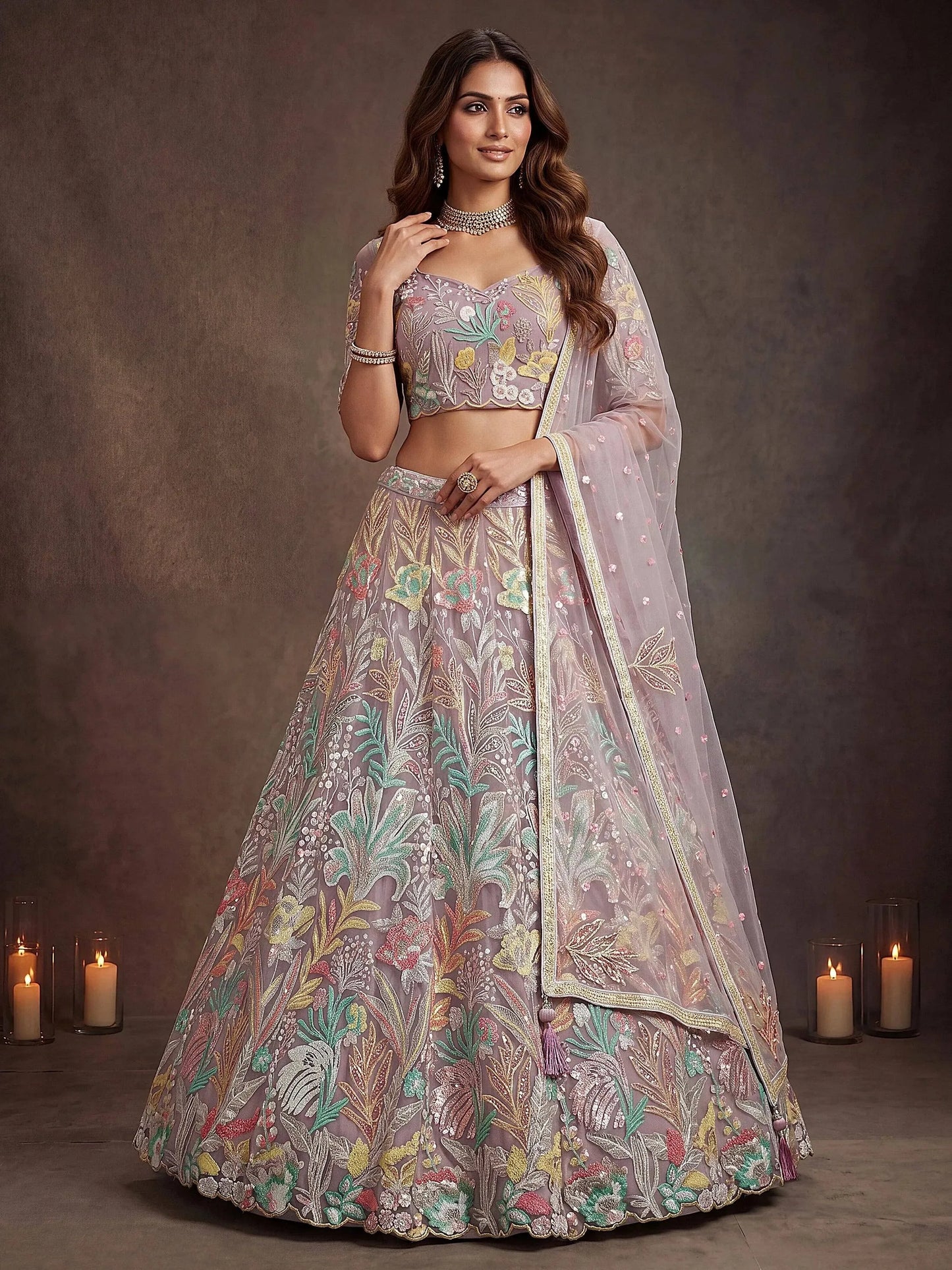 Sparkling Embroidered Net Marriage Wear Lehenga Choli - Pista Green & Lavender