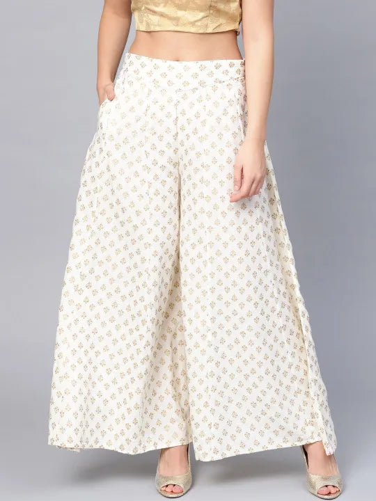 White Ethnic Motif Printed Rayon Flared Women Palazzo With One Pocket