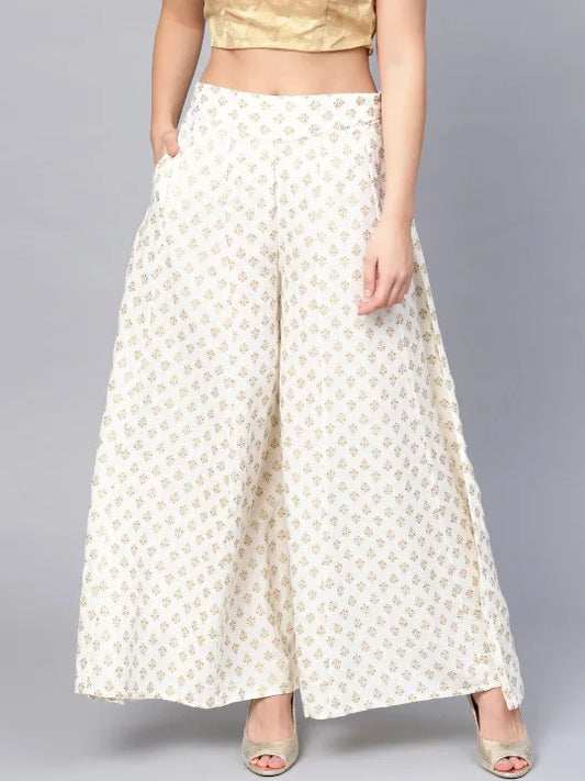 White Ethnic Motif Printed Rayon Flared Women Palazzo With One Pocket