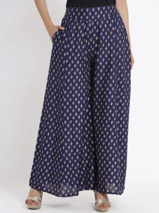 Navy Blue Ethnic Motif Printed Rayon Flared Women Palazzo With One Pocket