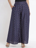 Navy Blue Ethnic Motif Printed Rayon Flared Women Palazzo With One Pocket