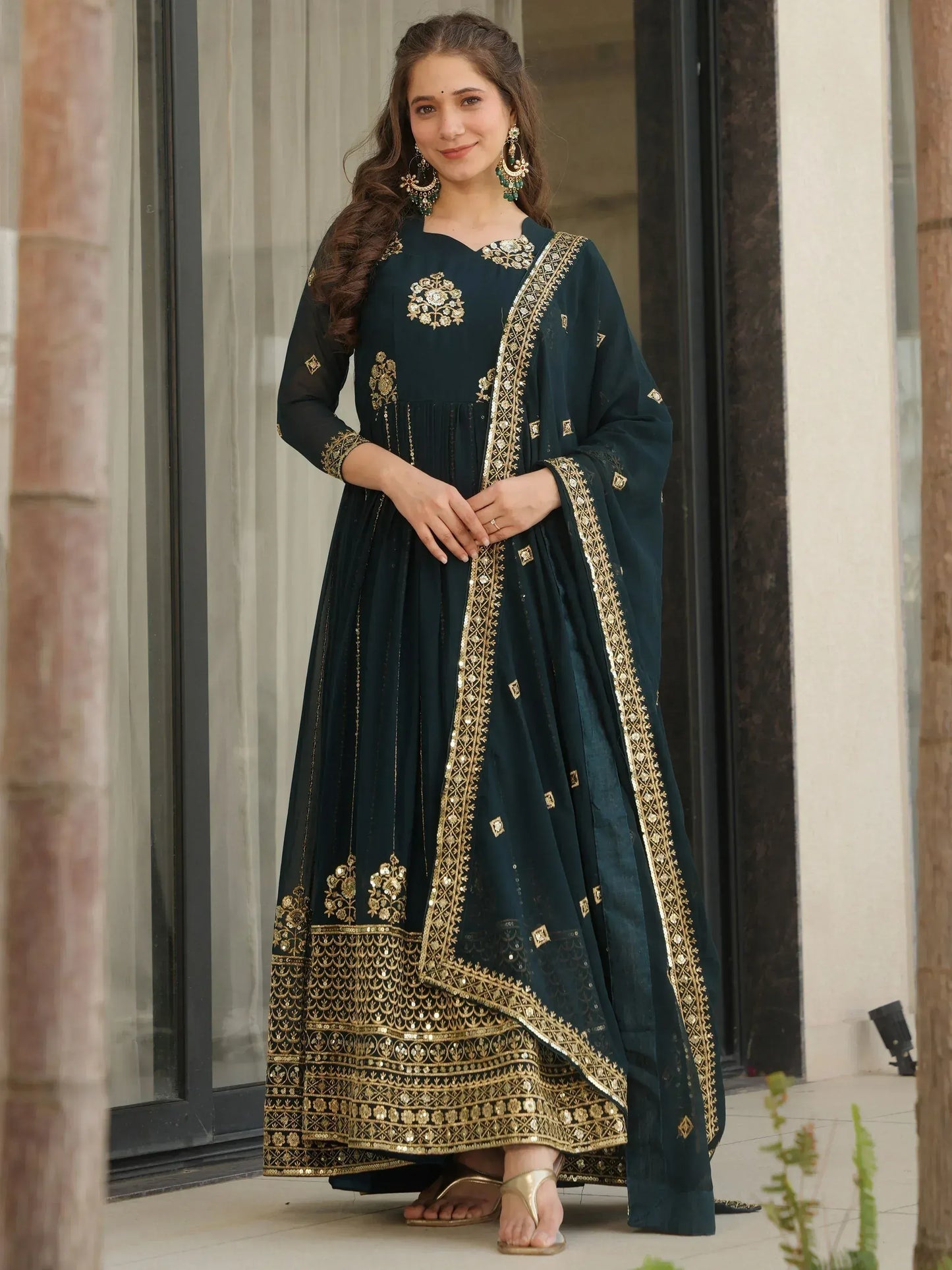 Intricate Georgette Sequins Embroidered Gown With Dupatta
