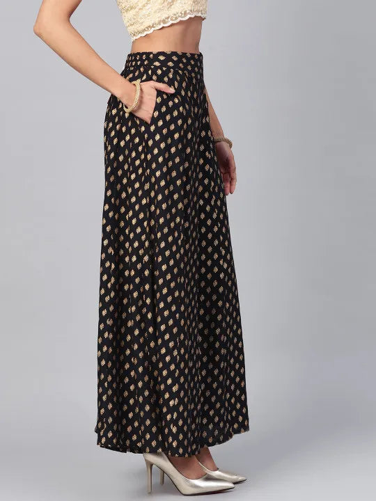 Black Ethnic Motif Printed Rayon Flared Women Palazzo With One Pocket