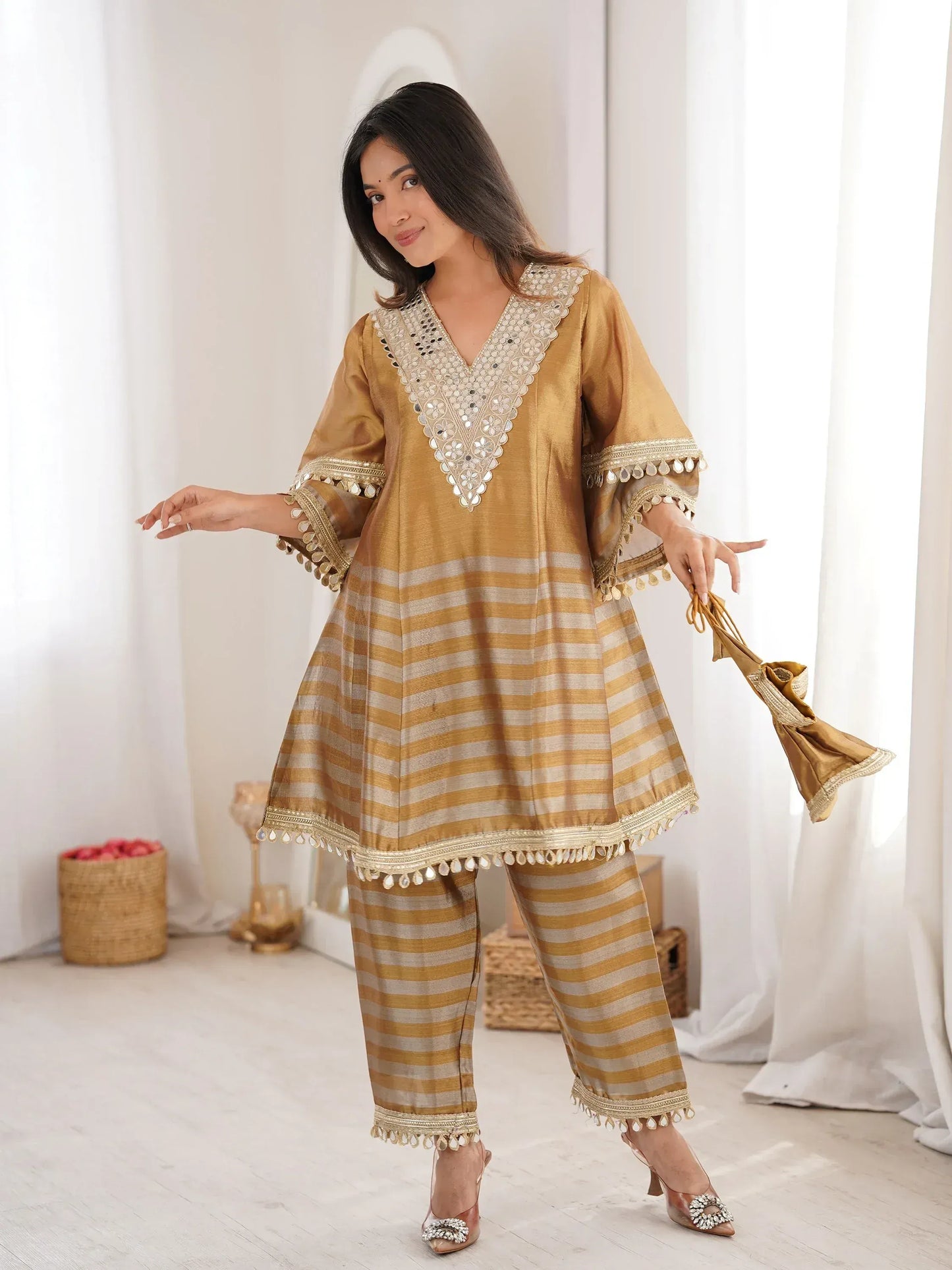 Incredible Golden Mirror Work Tissue Party Wear Co-ord Set With Batwa