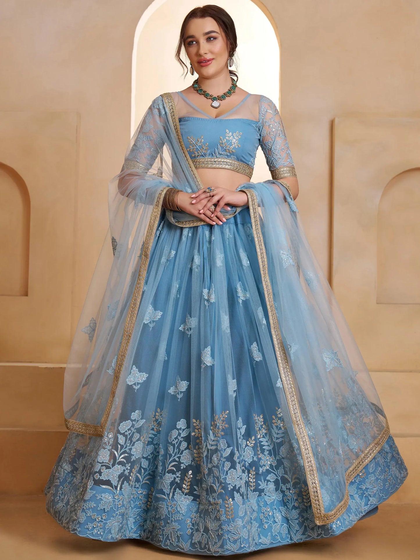 Pastel Sequins Net Embroidered Wedding Wear Lehenga Choli With Dupatta