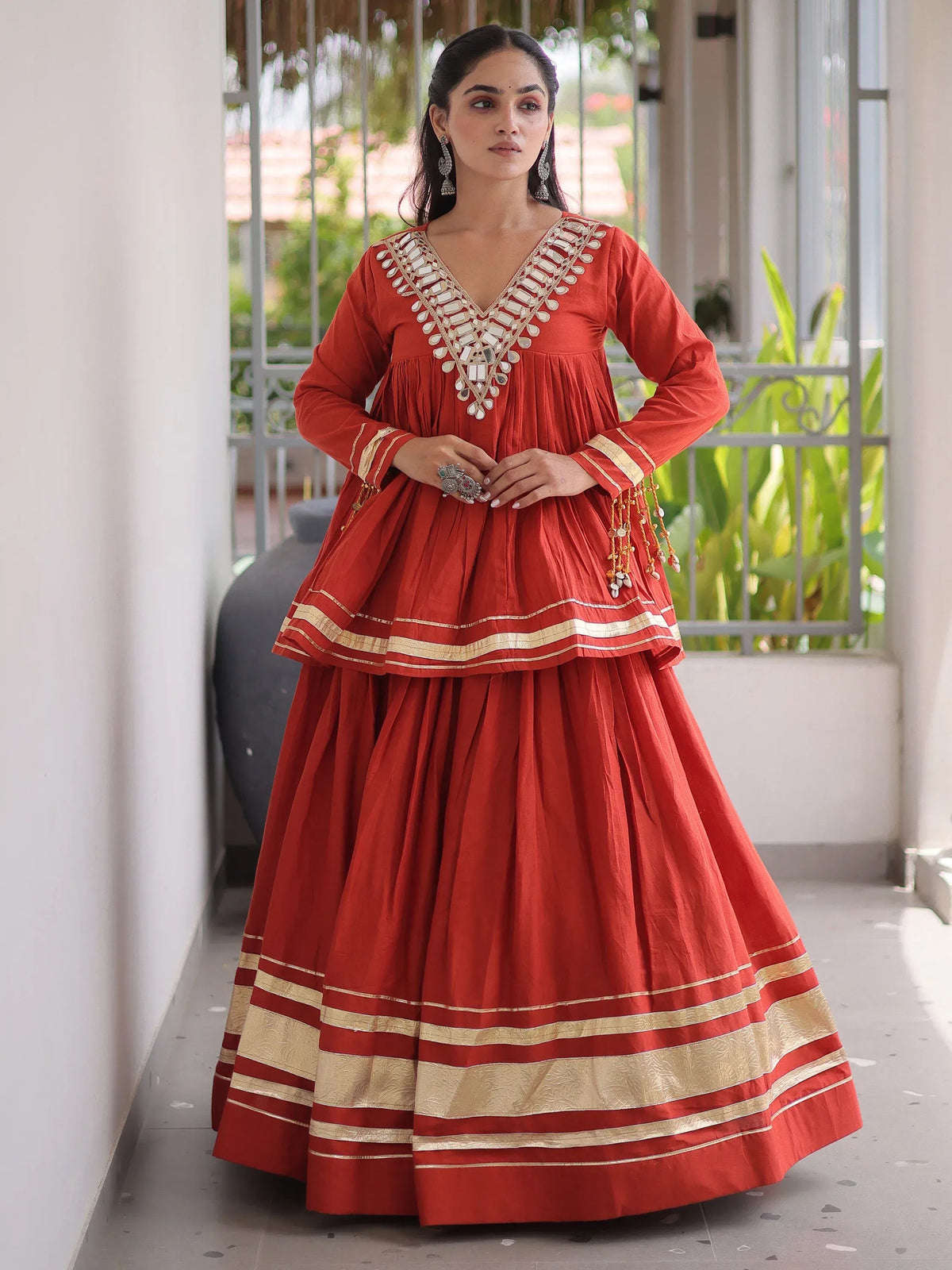 Green Gota-Laced Navratri Wear Lehenga With Peplum Top