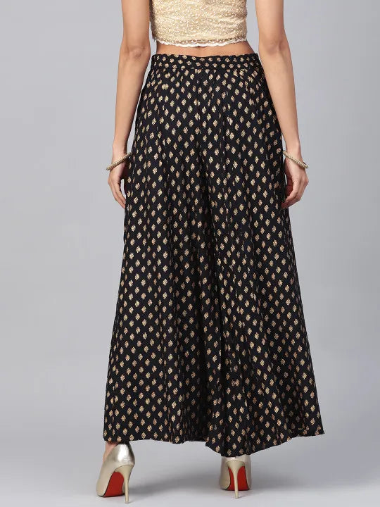 Black Ethnic Motif Printed Rayon Flared Women Palazzo With One Pocket