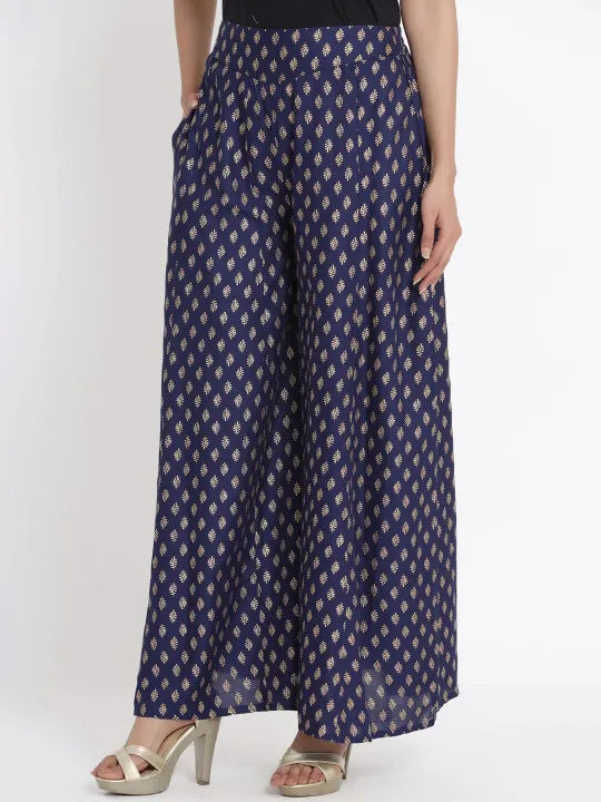 Navy Blue Ethnic Motif Printed Rayon Flared Women Palazzo With One Pocket