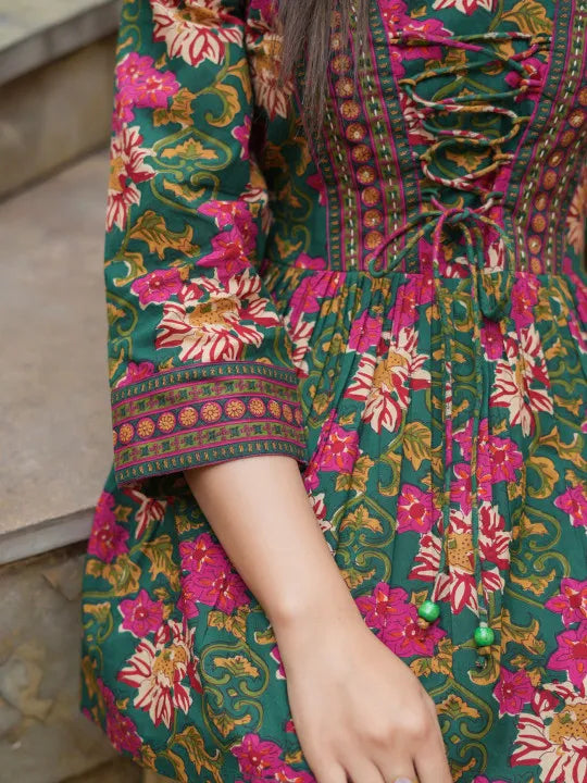 Floral Printed V-Neck, A-Line Tie-Ups Peplum Print Cotton Top