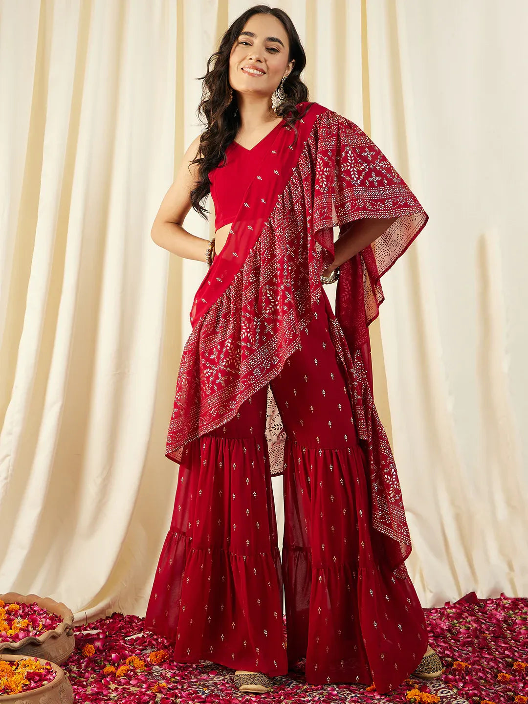 Crop Top with Sharara Saree and frill Dupatta in Ethnic Motifs