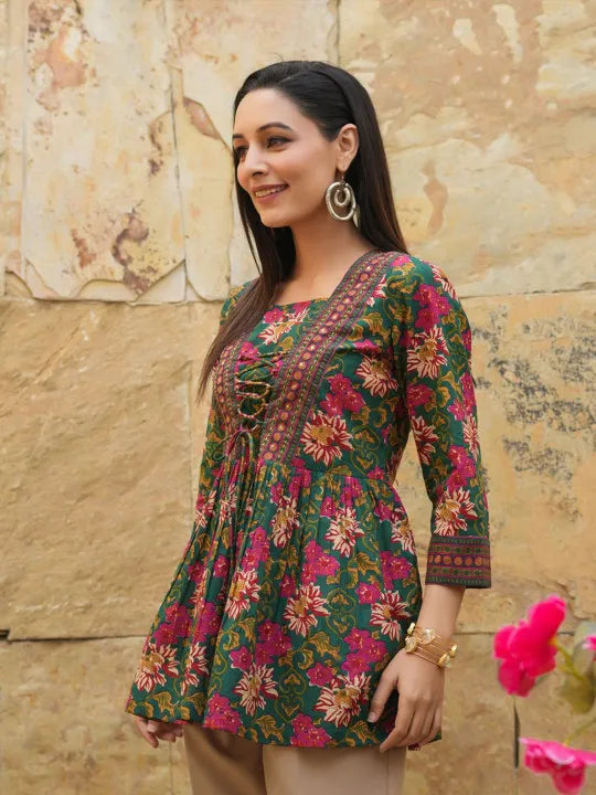 Floral Printed V-Neck, A-Line Tie-Ups Peplum Print Cotton Top