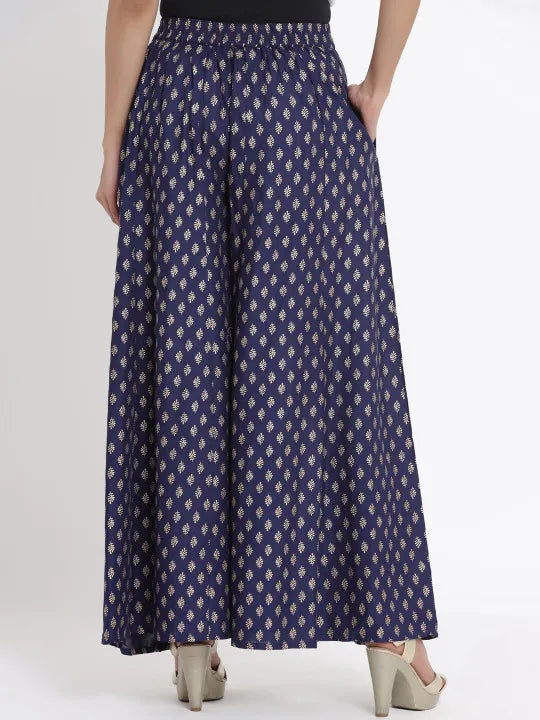 Navy Blue Ethnic Motif Printed Rayon Flared Women Palazzo With One Pocket
