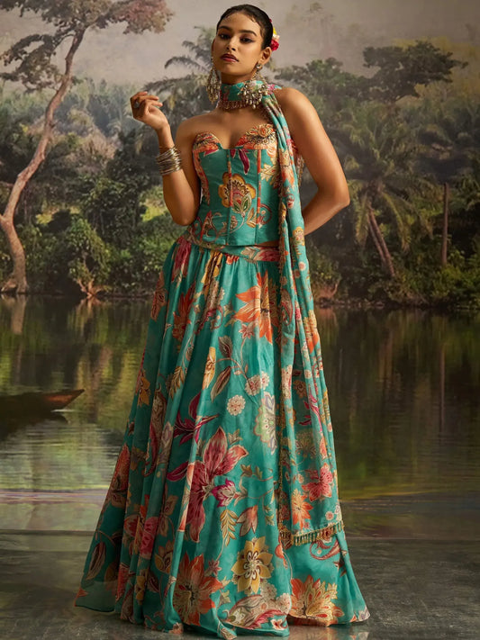 Superb Mint Blue Digital Printed Georgette Designer Lehenga With Corset Choli