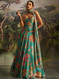 Superb Mint Blue Digital Printed Georgette Designer Lehenga With Corset Choli