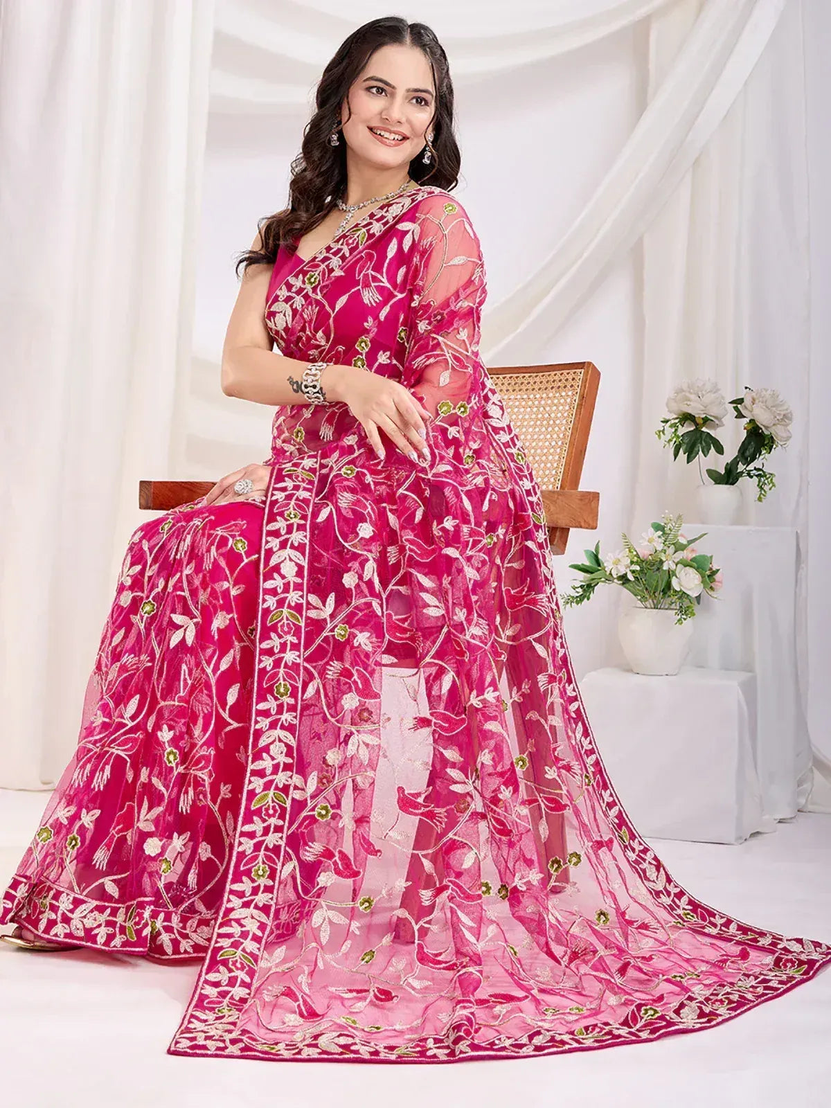 Thread Embroidered Net Party Wear Saree With Blouse - Black, Maroon, Rani Pink