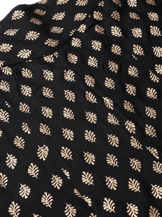 Black Ethnic Motif Printed Rayon Flared Women Palazzo With One Pocket