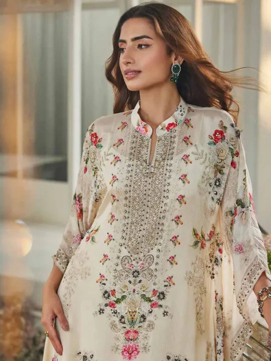 Floral Printed Mandarin Collar A-Line Kurta With Palazzos