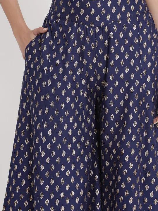 Navy Blue Ethnic Motif Printed Rayon Flared Women Palazzo With One Pocket