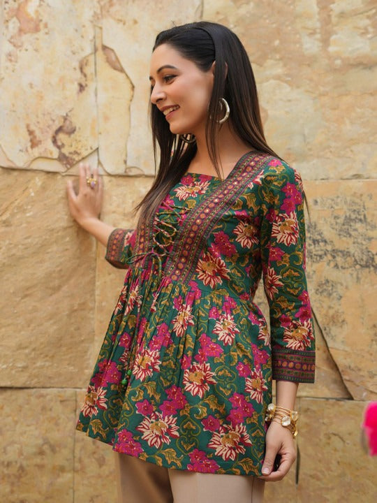 Floral Printed V-Neck, A-Line Tie-Ups Peplum Print Cotton Top