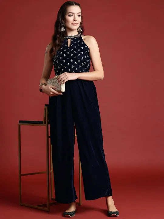 Halter Neck Printed Embroidered Culotte Jumpsuit with Belt