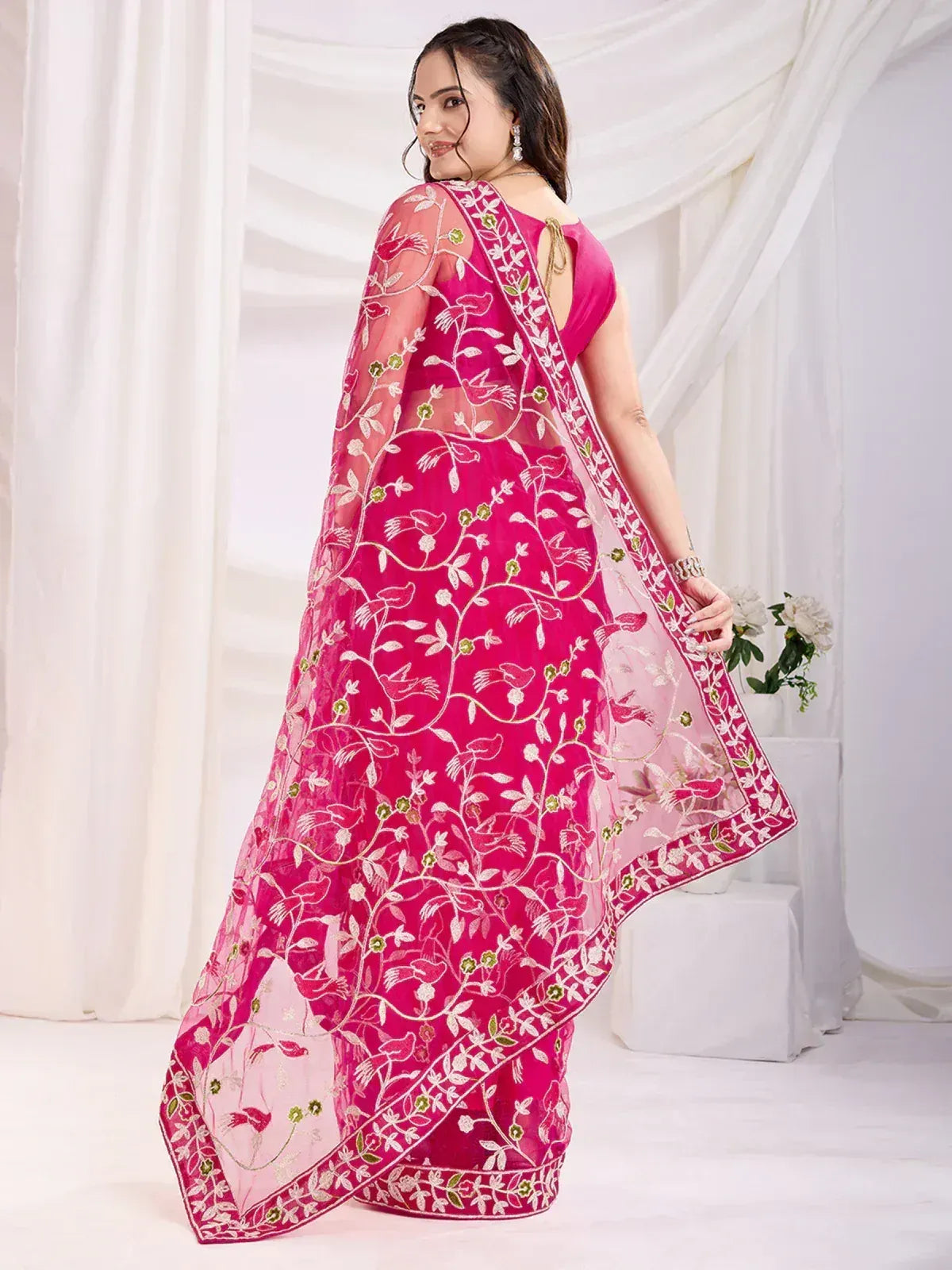 Thread Embroidered Net Party Wear Saree With Blouse - Black, Maroon, Rani Pink